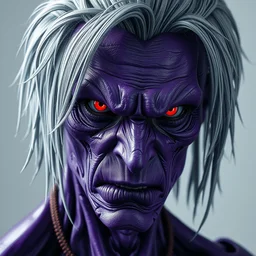 ''a portrait of a humanoid purple ctborg with grey hair and red eyes, angry face, ultra realistic, cyberpunk vibes''