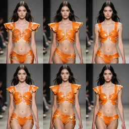 multi panel storyboard of olivia wearing an outfit made of orange peels, runway model at new york fashion week, sporty physique, black hair, freckles, pale skin, half body shot, photo by greg rutkowski, stage lighting, soft colors, female beauty, intricate detail, elegance, 3 5 mm, depth of field, masterpiece