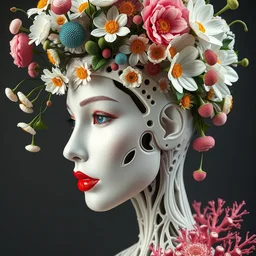 biomechanical beautiful woman portrait with a smooth carved porcelain ivory profile face, futuristic haute couture, iris van herpin, headdress with daisies, colorful puffballs, magnolia leaves, tendrils, mushrooms, rhizomorphs, brackets, sponge corals, laser cut paper, red plump lips, magnesium, hyper detailed, ultra sharp, 8 k, uhd