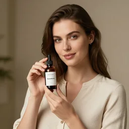 beautiful hobbo holding a bottle of hawthorn tincture in her hands, professional shooting, model shooting, high quality, professional light,