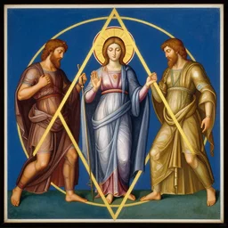 trinity of goddess and two gods, roman renaissance painting, by aykut aydogdu, poster, triangle, golden ratio, cycles, colorful