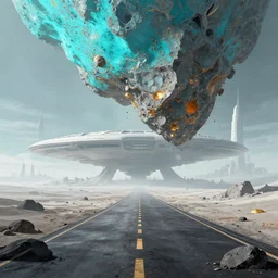a gorgeous bleak and desolate sci - fi matte painting by john harris, sparth and greg rutkowski. sharp edges. meteorite falling!! tiffany blue, grey orange, white and golden. sci - fi road to epic huge space base, beyond the horizon, future city skyline!! light effect. ultra clear detailed!! 3 d, octane render. 8 k