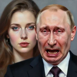 an intricate oil painting of crying and screaming vladimir putin's face with blood portrait painting of a beautifull woman portrait surounded by hiper detailed inkdrop in water, melting ukranian colorfull wax, fluid acrilic art, colorfull, excelent composition, by tatchiana michaela