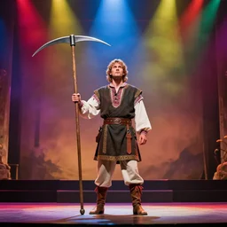 theatre stage, man with scythe, traditional romanian clothing, concept art, dramatic lighting, beautiful, volumetric lighting, colorful, octane render