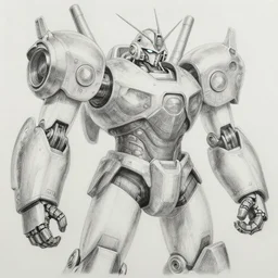 an intricate pencil drawing of a giant anime robot with rounded and circular parts