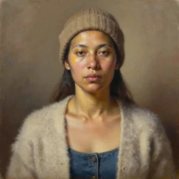 detailed portrait in femininity, ethnic, realistic face, sculpted features, mature and statuesque, fuzzy cardigan, jeans, knit hat, warm glow, radiant, bathed in light, chiaroscuro, specular highlights, painterly, natural color scheme, earthy tones, modern fashion, contemporary art, oil on canvas