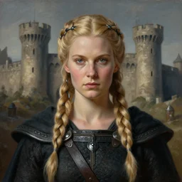 a super detailed matte portrait painting of a viking queen with blonde hair braided with obsidian wires, castle setting, hires, 4 k, symmetrical, centered, art by tim hildebrandt, gerald brom, frank frazetta, michael whelan, keith parkinson