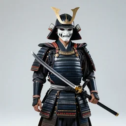a godlike and indomitable helmeted and masked samurai posing with their realistic detailed katana and wakizashi under an enormous Torii gate, giant rising sun in the background. Badass pose. Photo realistic. Award winning