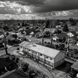 misty motel, concrete, middle class suburb, drone view, something is wrong, depressed mood, dead trees, black and white photography