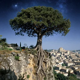 gigantic tree on a cliff with ancient city below, above is astral world by quentin mabille