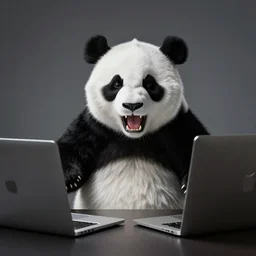 scary panda bear yelling at a macbook studio lighting