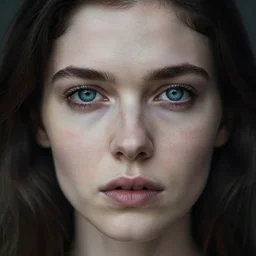 beautiful scottish woman's face, dark hair, pale skin, blue eyes, vulnerable, photorealistic