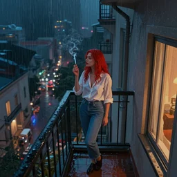 a beautiful artwork of a woman with red hair in jeans and a white shirt smoking on the balcony of a hotel at night, top view, cinematic shot, rainy, neon and rainy theme atmosphere by Jerome Opeña, featured on artstation