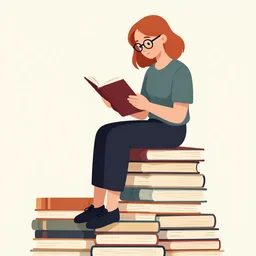 a woman with red hair and glasses sits on top of a tall pile of books, reading. clear, detailed face. clean cel shaded vector art by lois van baarle, artgerm, helen huang, by makoto shinkai and ilya kuvshinov, rossdraws, illustration, art by ilya kuvshinov