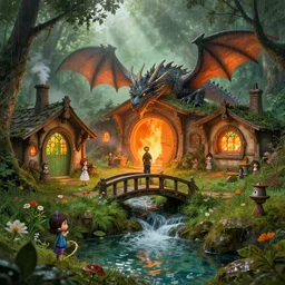 a dragon burning medieval hobbit homes, ornate, beautiful, atmosphere, vibe, mist, smoke, chimney, rain, well, wet, pristine, puddles, waterfall, clear stream, bridge, orange, green, stained glass, forest, flowers, concept art illustration, color page, 4 k, tone mapping, doll, akihiko yoshida, james jean, andrei riabovitchev, marc simonetti, yoshitaka amano, digital illustration, greg rutowski, volumetric lighting, sunbeams, particles, rembrandt