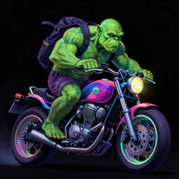 psychedelic blacklight airbrush artwork, hyper stylized action shot of an orc biker riding a motorcycle, clear focused details, radical, cgsociety, artstation, soft airbrushed edges and gradients on a black background