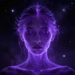 closeup portrait of an ethereal person made of purple light, divine, cyberspace, mysterious, surrounded by stars and galaxies, nebulae, dark high-contrast concept art, trending on Artstation