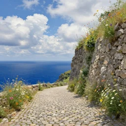 curled perspective digital art of curly clouds cobblestone street with wildflowers reaching a stone cliff down to a deep blue sea by anton fadeev
