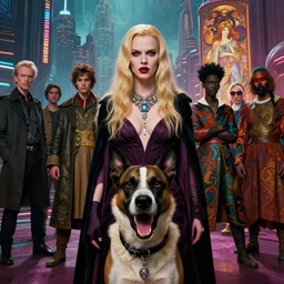 realistic detailed movie shot of a beautiful blond vampire woman with an angry dog, futuristic city background by denis villeneuve, amano, yves tanguy, alphonse mucha, max ernst, kehinde wiley, caravaggio, roger dean, cyber necklace, rich moody colours, sci fi patterns, wide angle
