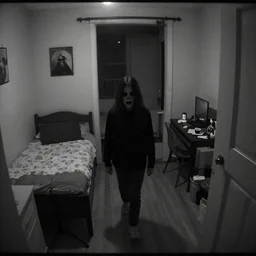 scary kid walking inside a bedroom night time, dashcam footage, black and white, security cam, spooky.