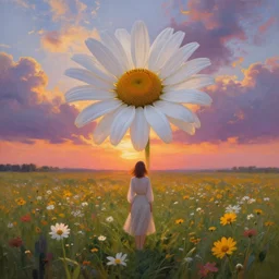 giant daisy flower as a head, full body girl standing in a flower field, surreal photography, sunrise, dramatic light, impressionist painting, colorful clouds, digital painting, artstation, simon stalenhag
