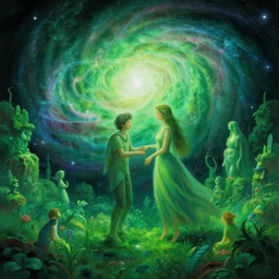 a psychedelic green nature landscape at the edge of the known universe, astral beings sharing love!!!!, in the style of greg rutkowski! and wlop and lisa frank! and bob ross!!! and ruan jia, illustration, epic, fantasy, hyper detailed, smooth, unreal engine, sharp focus, ray tracing, iridescent, subsurface scattering