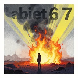 editorial illustration of a lone man standing in habitat 6 7, ( ( dot shaded ) ), burning on fire, modern, karolis strautniekas, ( ( ilya kuvshinov ) ), halftone texture, detailed, matte print, risograph, smoke, sunbeams, fog, victo ngai, colorful