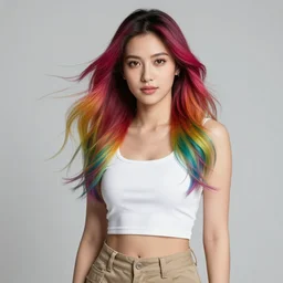 a award winning half body portrait of a beautiful woman with stunning eyes in a croptop and cargo pants with rainbow colored ombre hairstyle head in motion and hair flying singing into a mictophone by thomas danthony, outlined by whirling illuminated neon lines, outrun, vaporware, shaded flat illustration, digital art, trending on artstation, highly detailed, fine detail, intricate