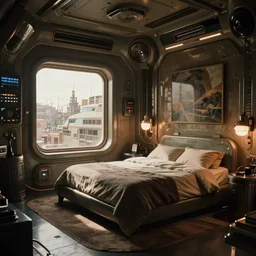 a vintage photo of futuristic high tech apartment bedroom interior, by ridley Scott, octane rendering, moody lighting, in the style of blade runner