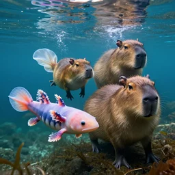 4 k, hd, award winning photography of an axolotyl and capybara swimming side by side underwater