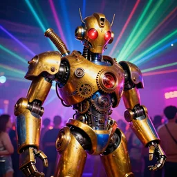 scene is flower power party in pacha in ibiza, portrait photo of a giant huge golden and blue metal steampunk robot, with gears and tubes, eyes are glowing red lightbulbs, shiny crisp finish, 3 d render, 8 k, insaneley detailed, fluorescent colors, haluzinogetic, background is multicolored lasershow