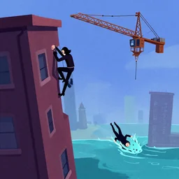 stuff about escaping vampires game kinda. i hide and climb a building, siddenly go reallly high. stuff about crane and then breaking, falling in water. digital art
