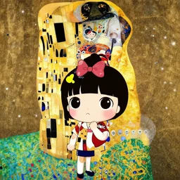 A deep fried meme with a kawaii anime girl by dan mumford in collaboration with gustav klimt