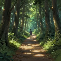 pathway in the wood with dappled light, anime style, trees, highly detailed, digital painting, artstation, concept art, matte, sharp focus, illustration, hearthstone, art by artgerm and greg rutkowski and alphonse mucha and studio ghibli