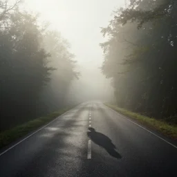mist, there\'s a shadowy figure on the road