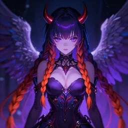 anime cyberpunk art, cute and beautiful full body female devilish angel in the style of akira, red blue purple black fade, orange braided hair, dark purple lighting, night like eyes, braided hair, highly intricate detailed, braided hair, advanced digital gothic art, soft blur and glow, wlop and rossdraws and sakimimichan