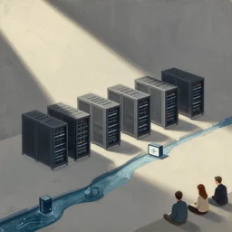 illustration of a data-center architecture or schema, security agent, data river, painting by Jules Julien, Leslie David and Lisa Frank and Peter Mohrbacher and Alena Aenami and Dave LaChapelle muted colors with minimalism