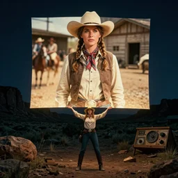 photo, a woman wearing holding up a giant massive glowing photograph of a vintage western cowboy movie, standing inside a dark nighttime western rocky scenic landscape, volumetric lighting