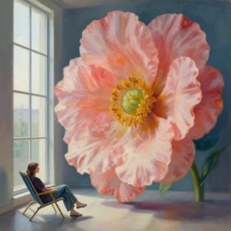 closeup, giant flower head, woman sitting on lounge chair by a tall window, surreal photography, studio light, impressionist painting, digital painting, artstation, simon stalenhag