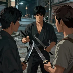 over-the-shoulder shot, hyperdetailed masterpiece concept art of 3 Japanese gangsters talking to each other while holding knives on the street with dim light, 4k Detailed Matte Illustration trending on ArtStation
