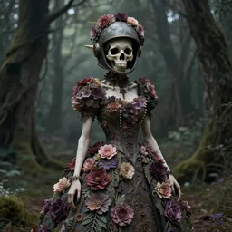 m elf in a closed helmet-skull in a  dress consisting of flowers. masterpiece 4k digital design by Takato Yamamoto, award winning, Artstation, Takato Yamamoto aesthetic, Neo-Gothic, gothic, forest on background, intricate details, realistic, hyperdetailed, 8k resolution