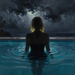 silhouette of Elle Fanning submerged in a pool, stormy weather, extremely detailed masterpiece, oil on canvas, low-key neon lighting, artstation, Blade Runner 2049, Roger Deakin’s cinematography, by J. C. Leyendecker and Peter Paul Rubens,