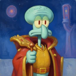 A cyborg Squidward Tentacles as the ultimate tyrant emperor of the universe. Realistic sci-fi concept. Trending on ArtStation. A vibrant digital oil painting. A highly detailed fantasy character illustration by Wayne Reynolds and Charles Monet and Gustave Dore and Carl Critchlow and Bram Sels