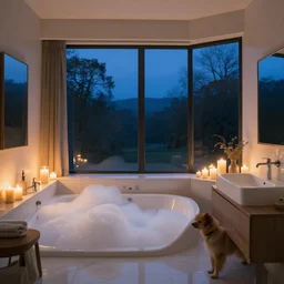 a bathroom with a bubble bath and candles, large windows, night, light dog, interior design