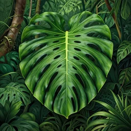 a full monstera deliciosa plant in the jungle, intricate, hard lines, elegant, jungle, highly detailed, centered, digital painting, artstation, concept art, smooth, sharp focus, illustration, artgerm, tomasz alen kopera, peter mohrbacher, donato giancola, joseph christian leyendecker, wlop, boris vallejo