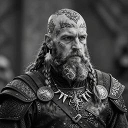 a cinematic view of wide bw photo from a very ornated old rasputin viking, shaved haircut, braided beard, showing nordic tattoos in the head, scars in the face, feather earing, using leather armour with necklace of teeth, marvelous expression, photorealistic, volummetric light, depth of field, detailed, texturized, zeiss lens high professional mode