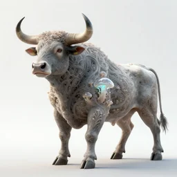 a theriomorphic holobiont, concept art, bull with horns, mycorrhiza, mushroom, translucidluminescence, intricate, kim jung gi, james jean, shaun tan, meridians, organic detail, cinematic, epic wide shot, ultra detailed, sharp focus, smooth, global illumination, photorealistic, 8 k render