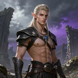 portrait of a slim young male elf from dragon age inquisition, ancient ruins in background, storm sky, gradient gray to purple, realistic, art by rtgerm and nick thornborrow, concept art, digital art, high detailed, smooth, sharp focus illustration, volumetric light, artstation
