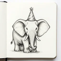 old school dungeons and dragons style drawing of an elephant with party hat, white background, sketch book