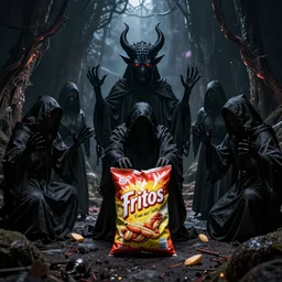a cult of black cloak wearing individuals summon a demonic bag of fritos from the depths of the underworld